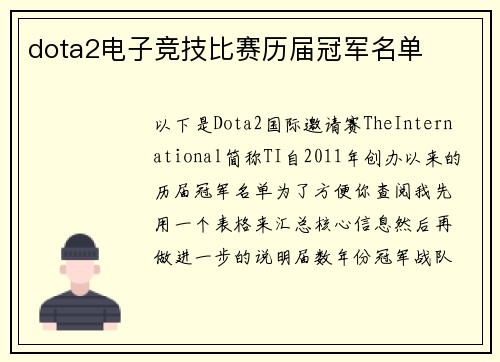 dota2电子竞技比赛历届冠军名单