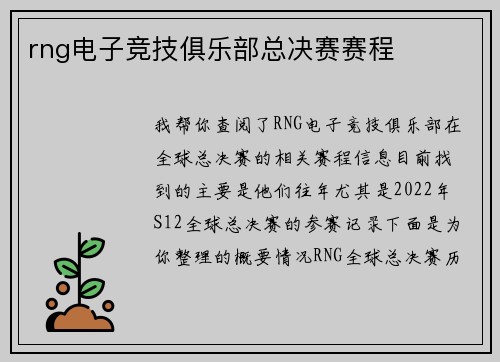 rng电子竞技俱乐部总决赛赛程